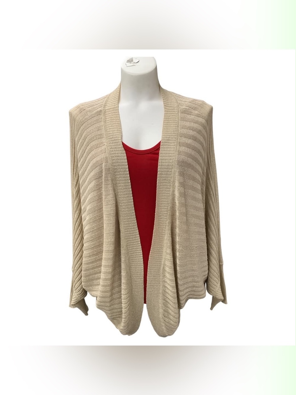 Joseph A Beige Open-Front Ribbed Cardigan with Red Layer Size L